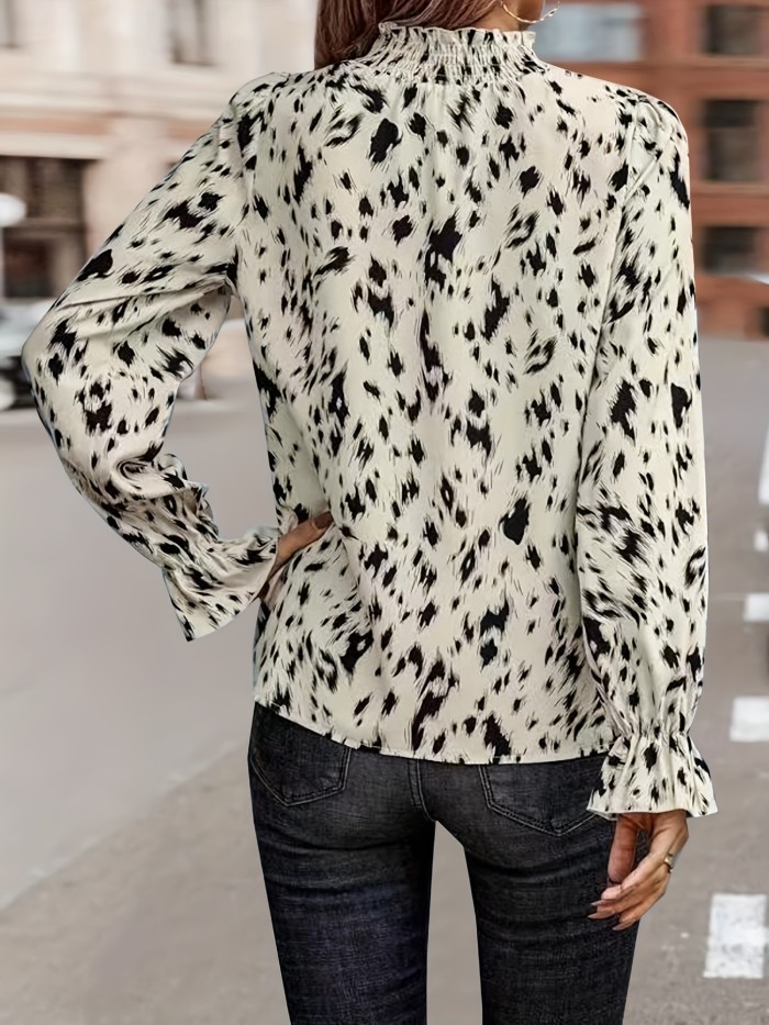 Allover Print Shirred Blouse, Casual Long Sleeve Work Blouse, Women's Clothing