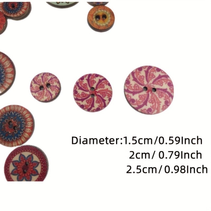 50\u002F100pcs Printed Wooden Buttons, Retro Round Panel Color, Two Eye Wooden Buttons DIY Handicraft Accessories, 0.59 Inches\u002F1.5 Centimeters 0.79 Inches\u002F2 Centimeters 0.98 Inches\u002F2.5 Centimeters Mixed Random
