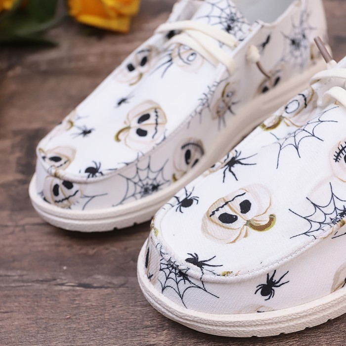 Halloween Fashion Spider & Spider Web & Pumpkin Embellished Skate Shoes, Lightweight Soft Sole Sport Shoes
