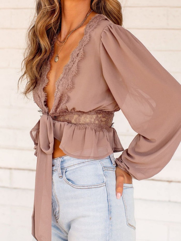 Elegant Deep V-neck Lace Up Crop Shirts Blouses, Casual Solid Trim Tie Long Sleeve Fashion Loose Crop Tops, Women's Clothing