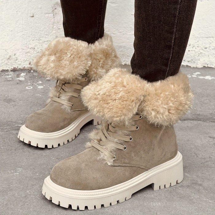 Women's Chunky Heel Plush Boots, Fashion Lace Up Outdoor Boots, Women's Comfortable Walking Shoes