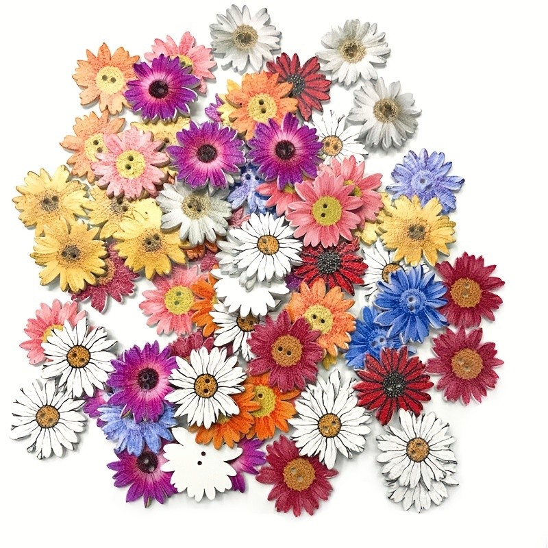 50pcs\u002Fpack Color Random Colored Drawing Daisy Flowers Wooden Button DIY Handwork Sewing Decoration Buttons