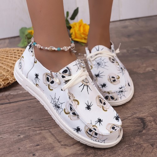 Halloween Fashion Spider & Spider Web & Pumpkin Embellished Skate Shoes, Lightweight Soft Sole Sport Shoes