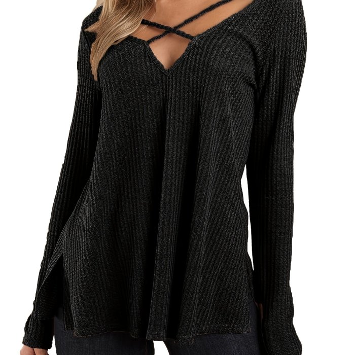 V Neck Solid Knitted Top, Crew Neck Long Sleeve Casual Every Day Top For Spring & Fall, Women's Clothing