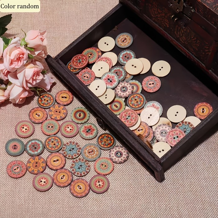 100pcs 25mm Log Retro Buttons Handmade DIY Round Wooden Buttons Bohemian Colored Flower Buttons (Color Random)