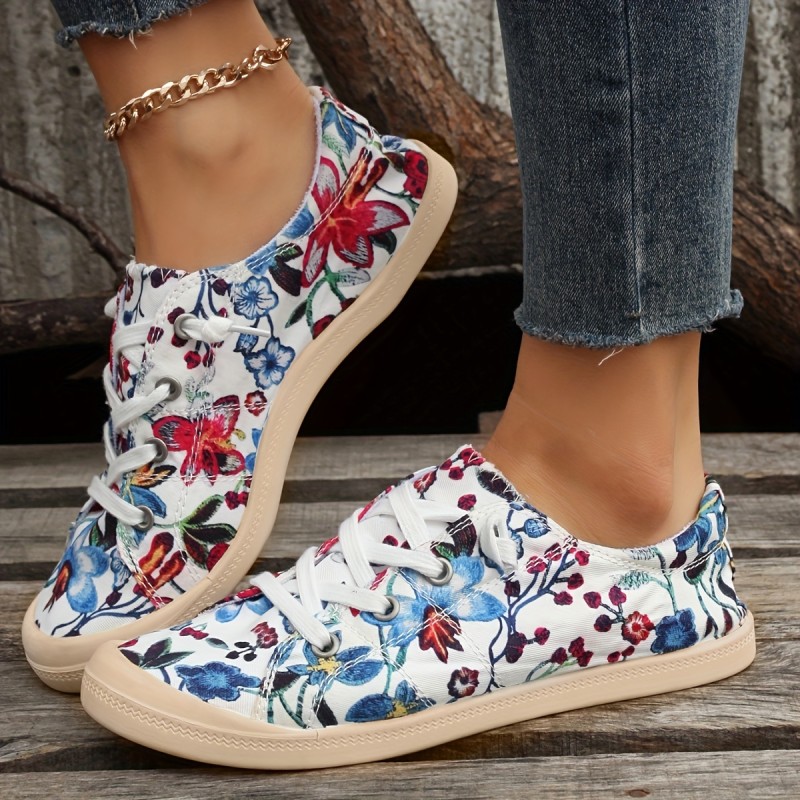 Women's Flower Pattern Canvas Shoes, Casual Lace Up Flat Sneakers, Women's Trendy Outdoor Shoes