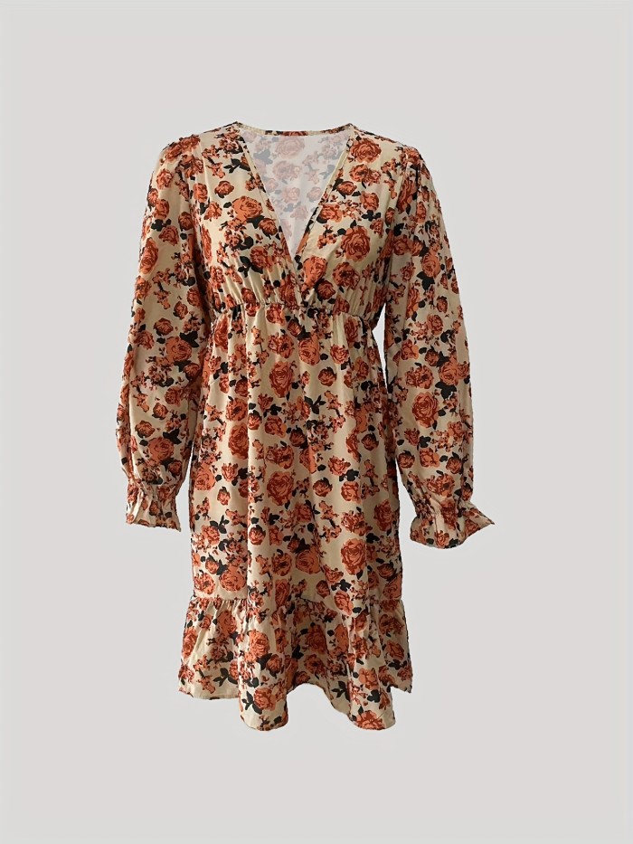 Vintage Floral Print Dress, Boho V Neck Long Sleeve Ruffle Hem Dress, Women's Clothing
