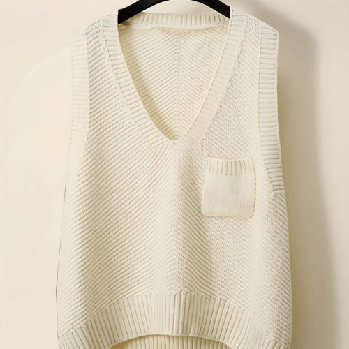 Solid V Neck Knitted Vest, Casual Sleeveless Loose Sweater With Pocket, Women's Clothing