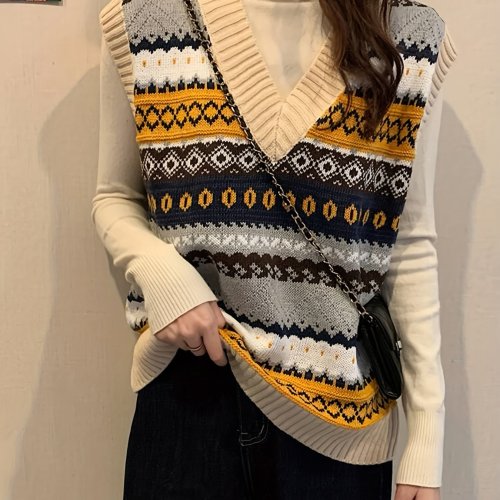 Ethnic Print Knit Sweater, Vintage V Neck Sleeveless Vest For All Season, Women's Clothing