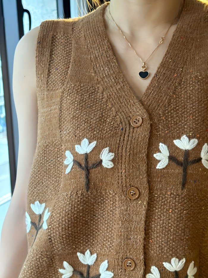Floral Embroidered Button Front Vest, Vintage Sleeveless Knit Sweater, Women's Clothing