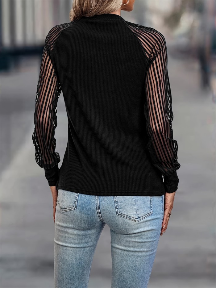 Semi-sheer Stripe Mesh Stitching Blouse, Casual Ribbed Crew Neck Long Sleeve Blouse, Women's Clothing