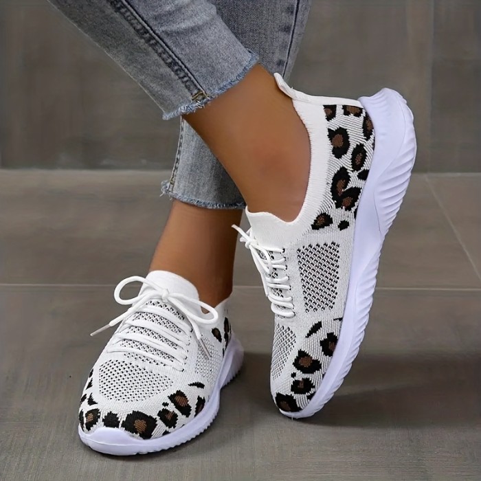 Leopard Pattern Breathable Running Shoes, Lace Up Knitted Sports Sneakers, Women's Footwear