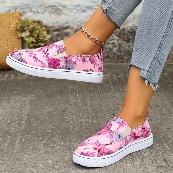 Flamingo Print Pink Flat Wear Resistance Skate Shoes, Fall Aesthetic Soft Sole Comfortable Lightweight Slip On Sneakers, Low Cut Casual Versatile Preppy School Walking Shoes Loafers Shoes