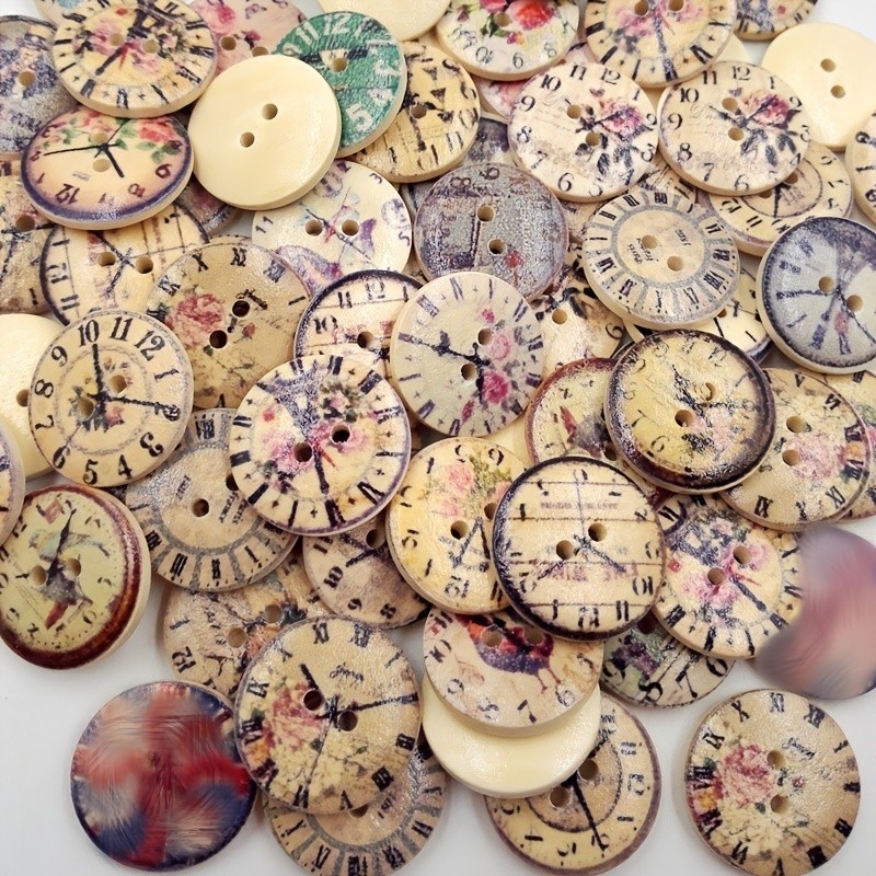 50pcs Wooden Vintage Clock Linked Button Two Eyes Round Wooden Button Jewelry
