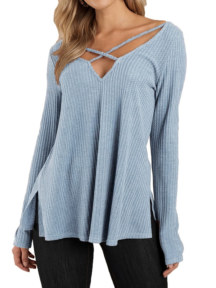 V Neck Solid Knitted Top, Crew Neck Long Sleeve Casual Every Day Top For Spring & Fall, Women's Clothing