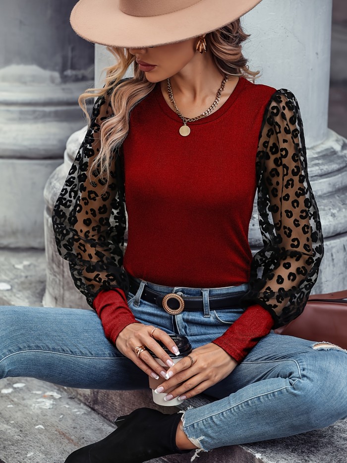 Solid Color Lace Patchwork Ballon Sleeve Ribbed Knit Tops, Elegant Everyday Blouse, Women's Clothing