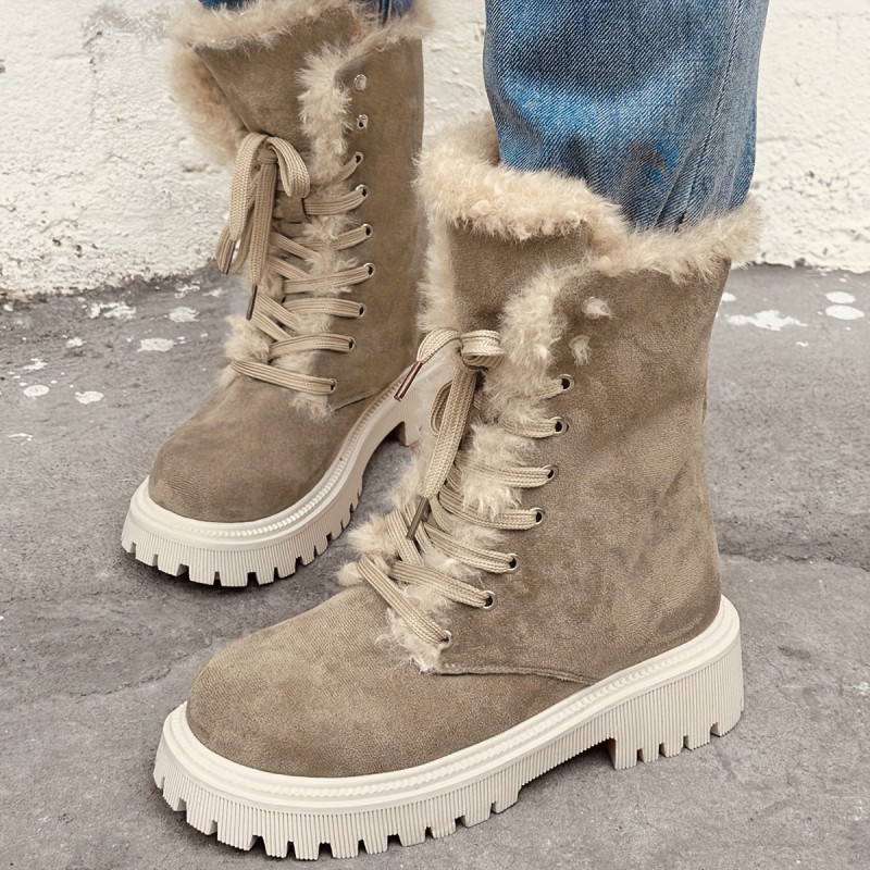 Women's Chunky Heel Plush Boots, Fashion Lace Up Outdoor Boots, Women's Comfortable Walking Shoes