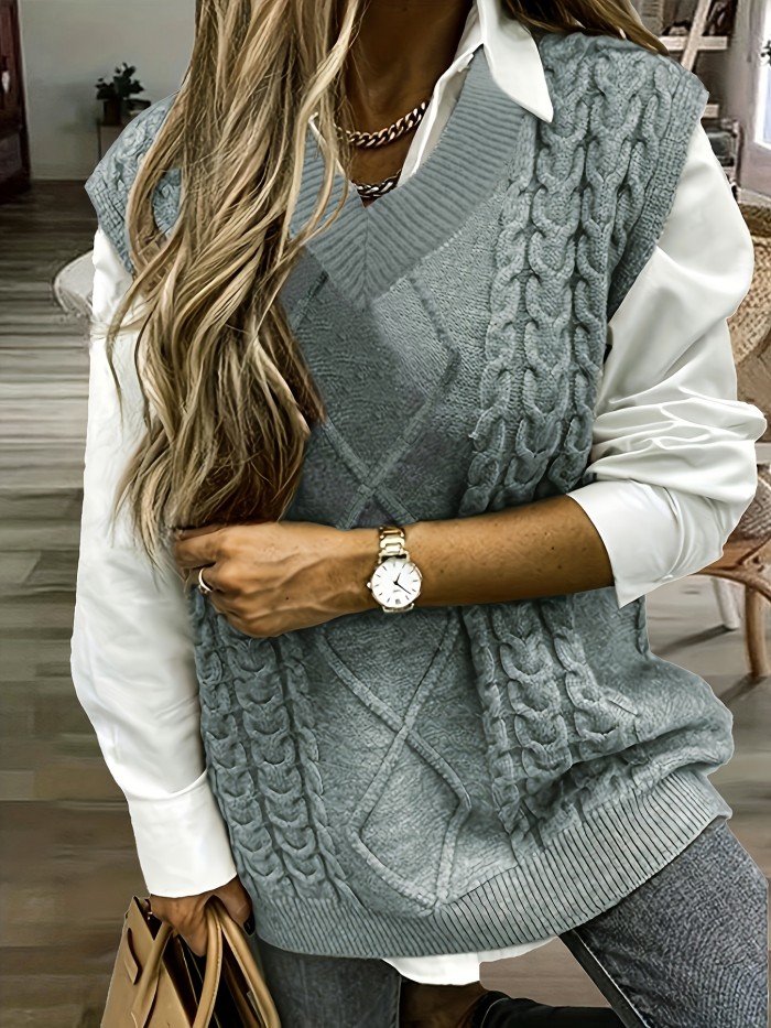 Plus Size Casual Knit Vest, Women's Plus Solid Cable V Neck Medium Stretch Knit Vest