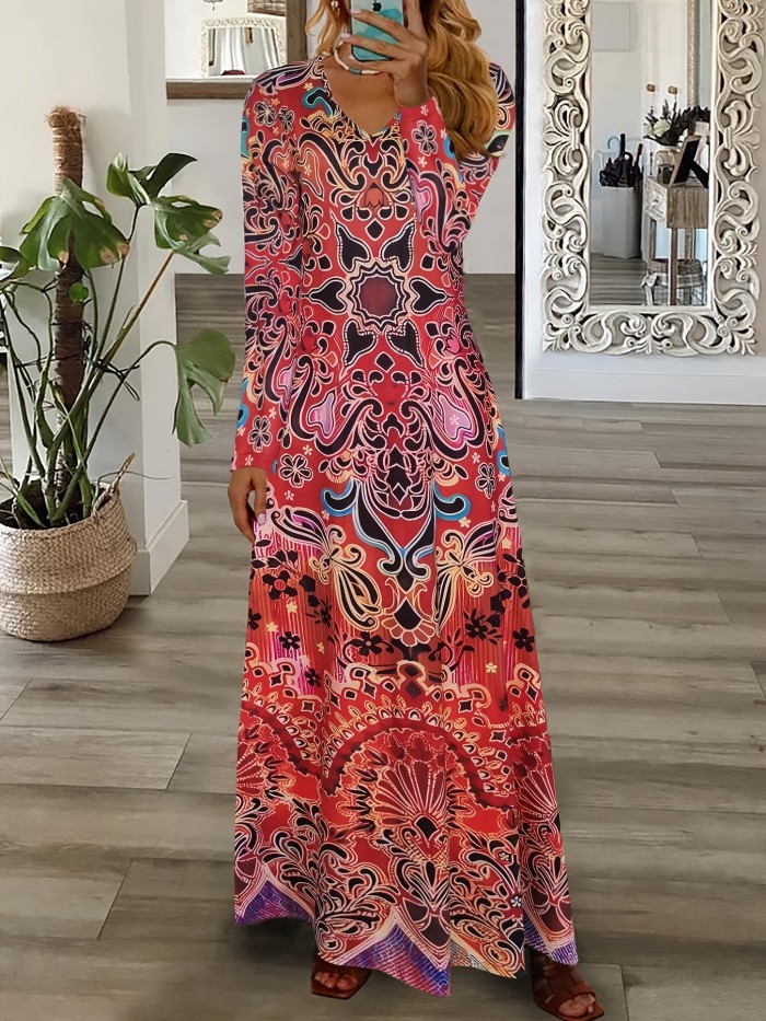 Ethnic Floral Print Dress, Boho V Neck Long Sleeve Maxi Dress, Women's Clothing
