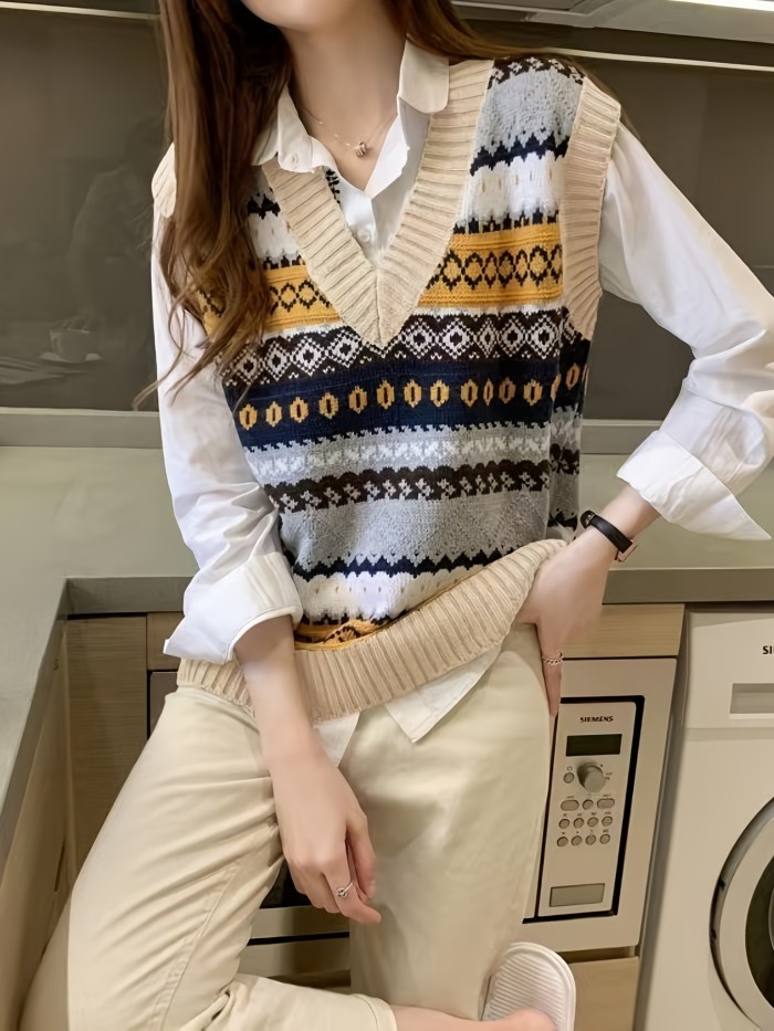 Ethnic Print Knit Sweater, Vintage V Neck Sleeveless Vest For All Season, Women's Clothing