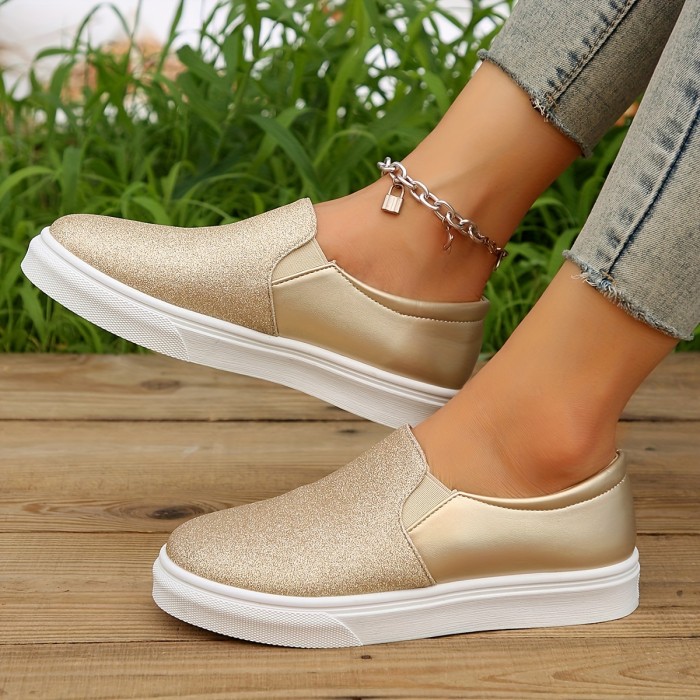Women's Sequins Pattern Flat Sneakers, Slip On Low-top Round Toe Soft Sole Skate Shoes, Casual & Comfy Women's Footwear