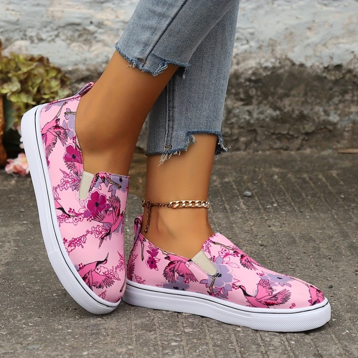 Flamingo Print Pink Flat Wear Resistance Skate Shoes, Fall Aesthetic Soft Sole Comfortable Lightweight Slip On Sneakers, Low Cut Casual Versatile Preppy School Walking Shoes Loafers Shoes