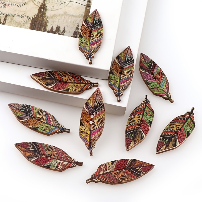 50pcs Wooden Buttons, Retro Painted Leaf Buckles, Children's Clothing DIY Buttons