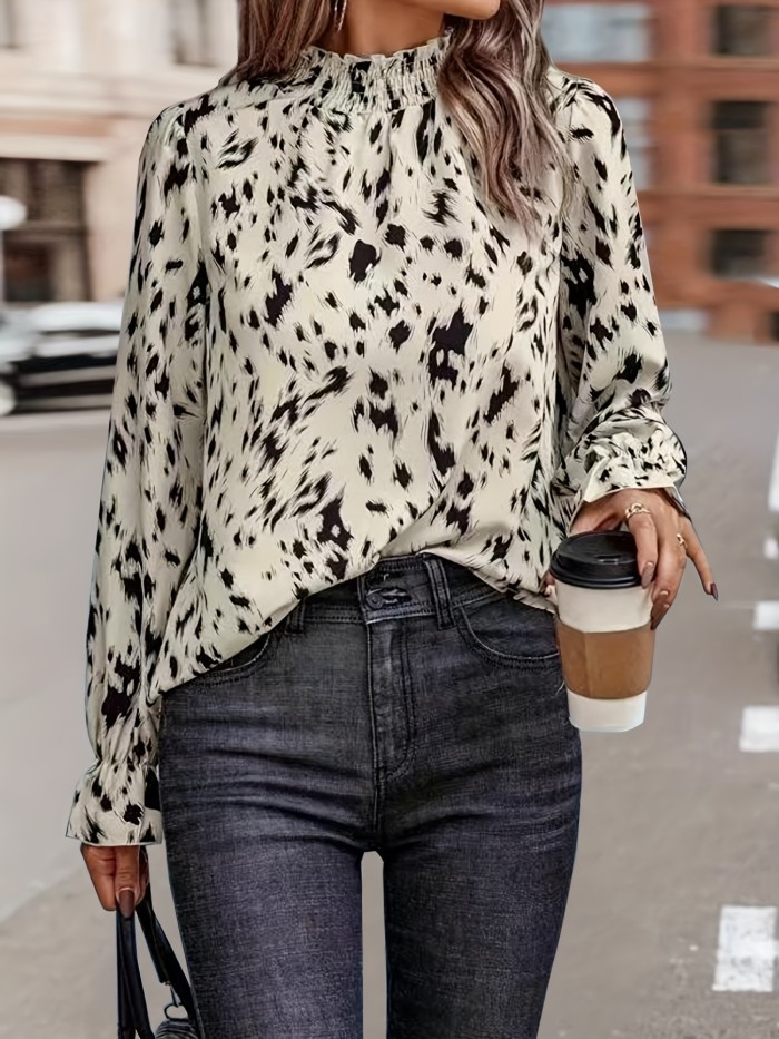 Allover Print Shirred Blouse, Casual Long Sleeve Work Blouse, Women's Clothing
