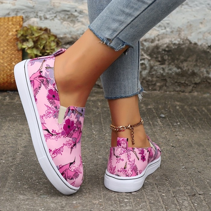 Flamingo Print Pink Flat Wear Resistance Skate Shoes, Fall Aesthetic Soft Sole Comfortable Lightweight Slip On Sneakers, Low Cut Casual Versatile Preppy School Walking Shoes Loafers Shoes