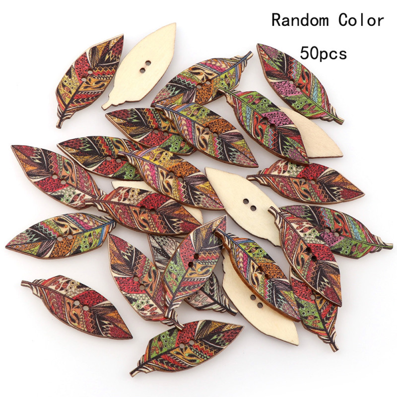 50pcs Wooden Buttons, Retro Painted Leaf Buckles, Children's Clothing DIY Buttons