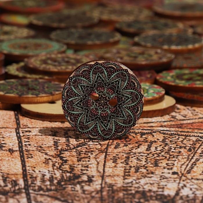 100pcs 25mm Log Retro Buttons Handmade DIY Round Wooden Buttons Bohemian Colored Flower Buttons (Color Random)