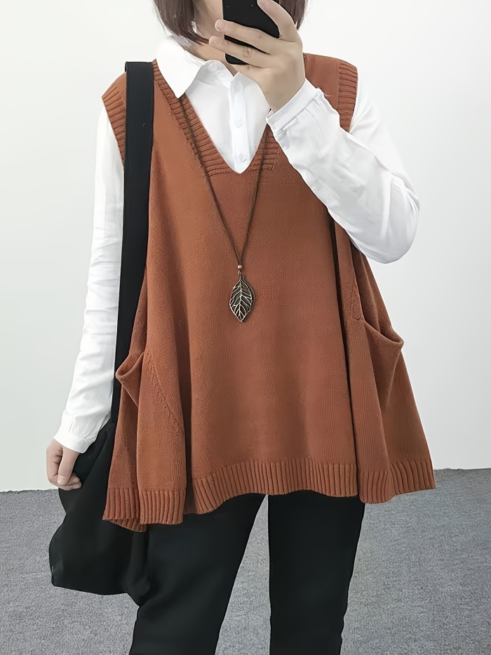V Neck Pockets Knitted Vest, Elegant Sleeveless Mid Length Vest For Spring & Fall, Women's Clothing