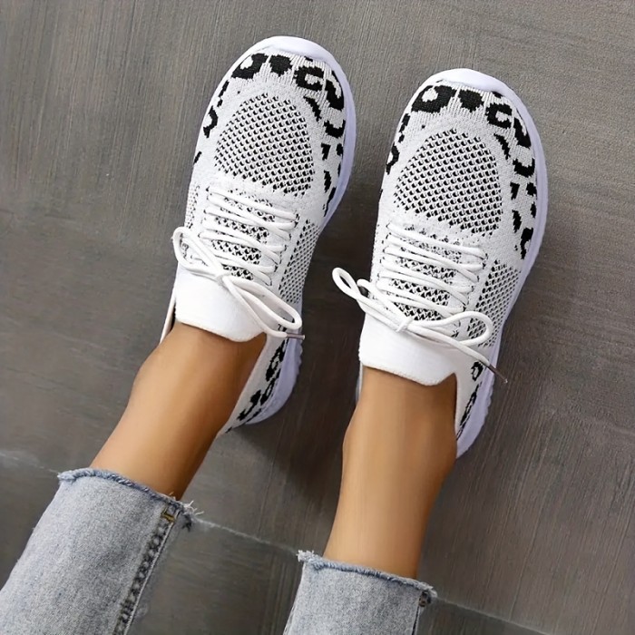 Leopard Pattern Breathable Running Shoes, Lace Up Knitted Sports Sneakers, Women's Footwear