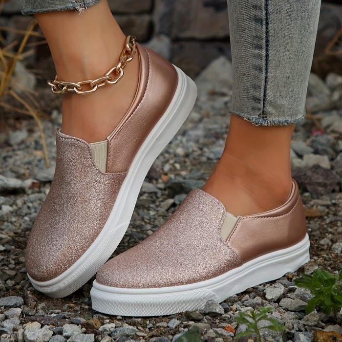 Women's Sequins Pattern Flat Sneakers, Slip On Low-top Round Toe Soft Sole Skate Shoes, Casual & Comfy Women's Footwear