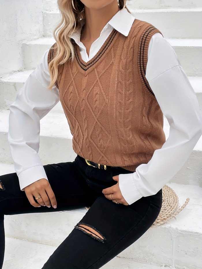 Contrast Trim V Neck Sweater Vest, Vintage Sleeveless Vest For Spring & Fall, Women's Clothing
