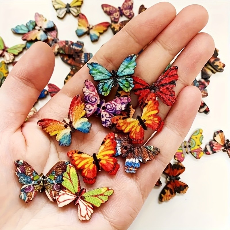30\u002F50pcs, Colorful Butterfly Wooden Buttons DIY Vintage Button Decoration, Scrapbooking Craft Supplies, DIY Clothing Decoration, Jute Ribbon Rope Cord DIY Wedding Jute Twine Crafts Gift Party Decor
