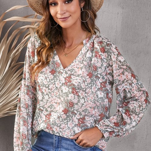 Printed V Neck Loose Blouse, Long Sleeve Casual Every Day Top For Spring & Summer, Women's Clothing