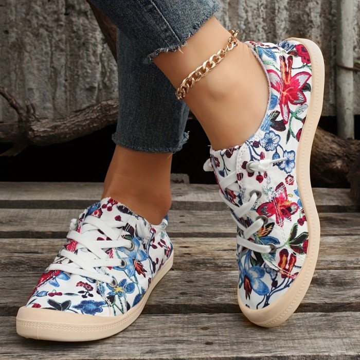Women's Flower Pattern Canvas Shoes, Casual Lace Up Flat Sneakers, Women's Trendy Outdoor Shoes