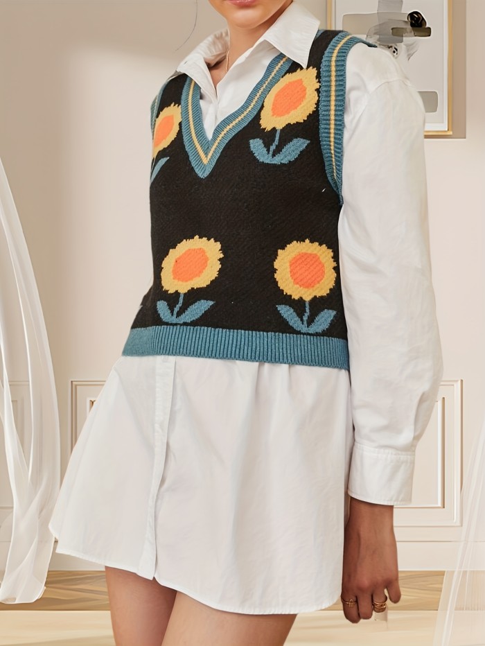 Sunflower Pattern V Neck Sweater Vest, Elegant Sleeveless Sweater For Spring & Fall, Women's Clothing