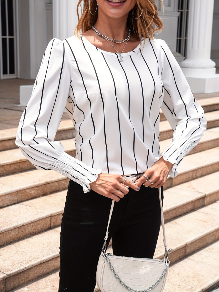 Striped Crew Neck Blouse, Casual Shirred Long Sleeve Blouse, Women's Clothing
