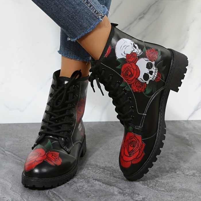Cartoon Skull Print Lace Up Ankle Boots, FashionNon-slip Chunky Round Toe Sneakers For Walking Hiking Climbing, Women's Footwear