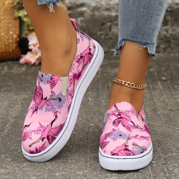 Flamingo Print Pink Flat Wear Resistance Skate Shoes, Fall Aesthetic Soft Sole Comfortable Lightweight Slip On Sneakers, Low Cut Casual Versatile Preppy School Walking Shoes Loafers Shoes