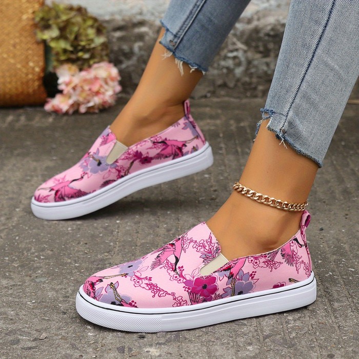 Flamingo Print Pink Flat Wear Resistance Skate Shoes, Fall Aesthetic Soft Sole Comfortable Lightweight Slip On Sneakers, Low Cut Casual Versatile Preppy School Walking Shoes Loafers Shoes