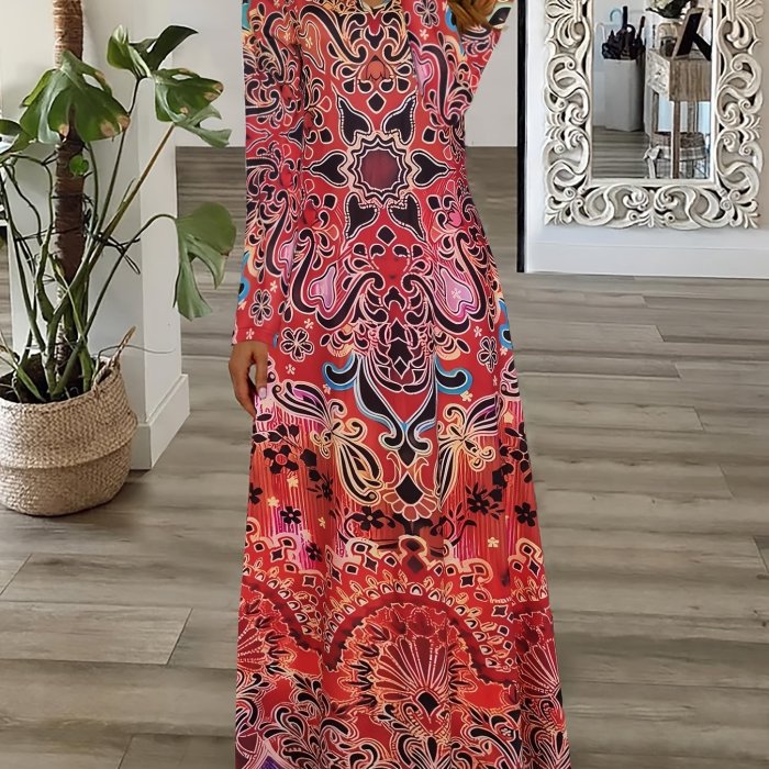Ethnic Floral Print Dress, Boho V Neck Long Sleeve Maxi Dress, Women's Clothing