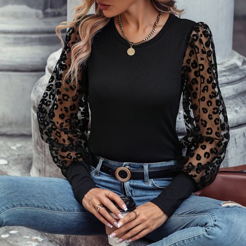Solid Color Lace Patchwork Ballon Sleeve Ribbed Knit Tops, Elegant Everyday Blouse, Women's Clothing