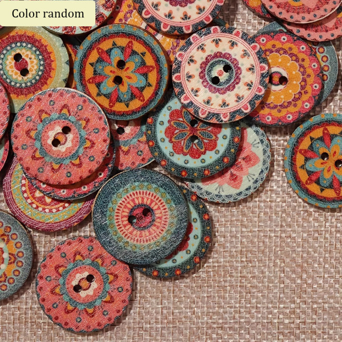 100pcs 25mm Log Retro Buttons Handmade DIY Round Wooden Buttons Bohemian Colored Flower Buttons (Color Random)