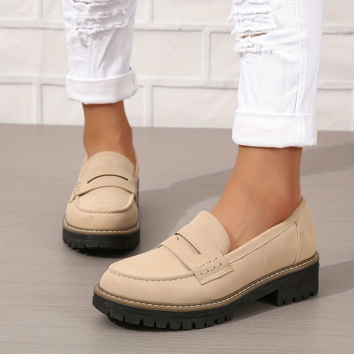 Women's Chunky Loafers, Retro Solid Color Round Toe Slip On Shoes, All-Match Faux Leather Shoes
