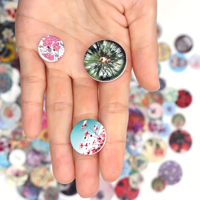 50pcs, 3 Sizes Wooden Buttons, Multiple Styles Decorative Sewing Buttons, Buttons For Crafts, 2 Holes Round Decorative Painted Wooden Buttons, Cute Buttons, DIY Art Crafts, 3D Buttons 15mm\u002F20mm\u002F25mm