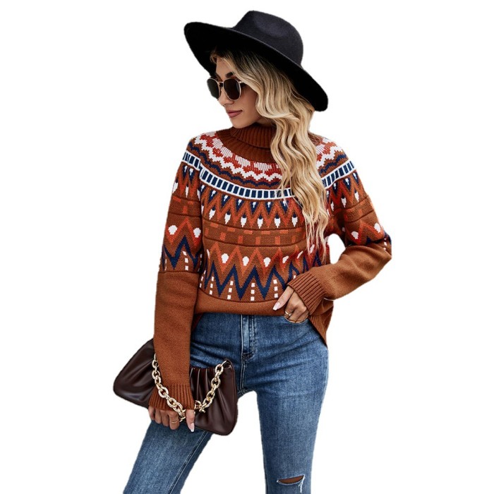 Women's Fashion Retro Striped Turtle Neck Knitted Sweater