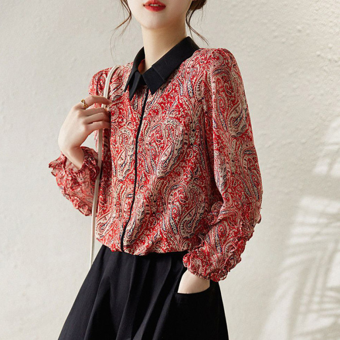 Elegant Printed Pleated Ruffle Casual Pullover Office Shirt for Women